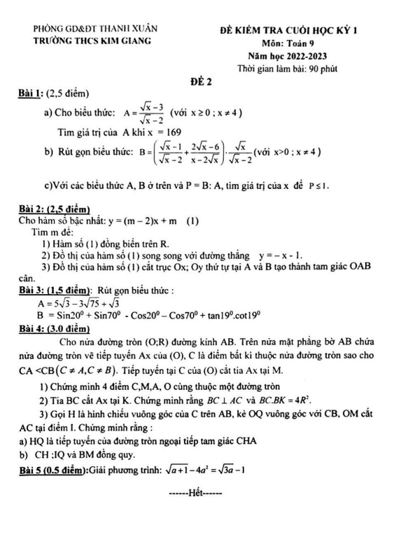 Đề cuối học kì 1 (HK1) lớp 9 môn Toán năm 2022 2023 trường THCS Kim Giang Hà Nội