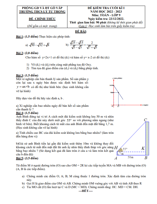 Đề cuối học kì 1 (HK1) lớp 9 môn Toán năm 2022 2023 trường THCS Lý Tự Trọng TP HCM