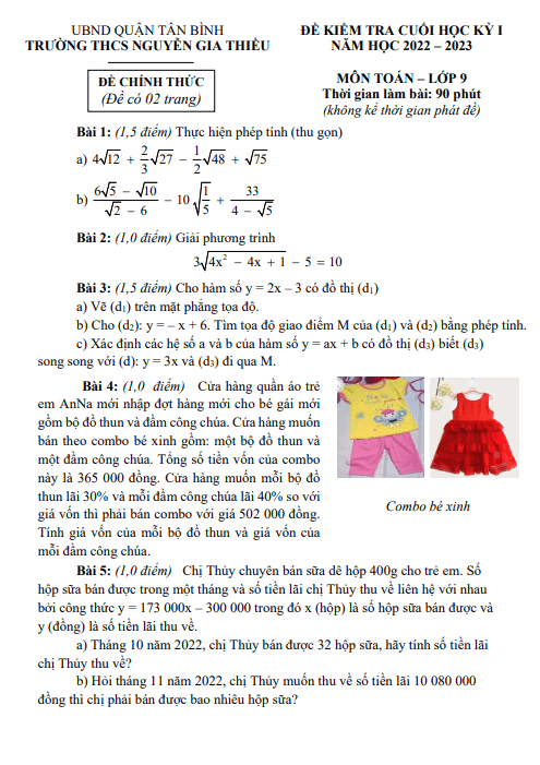 Đề cuối học kì 1 (HK1) lớp 9 môn Toán năm 2022 2023 trường THCS Nguyễn Gia Thiều TP HCM