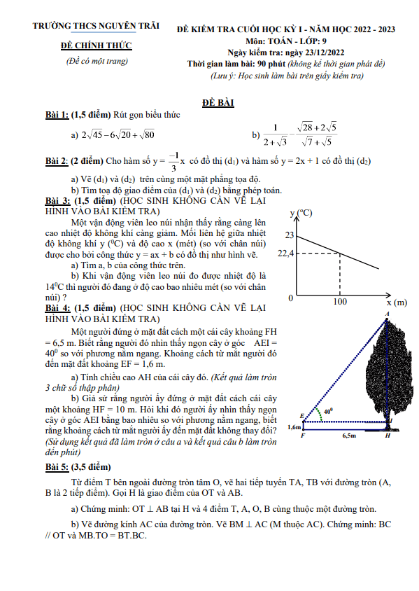 Đề cuối học kì 1 (HK1) lớp 9 môn Toán năm 2022 2023 trường THCS Nguyễn Trãi TP HCM