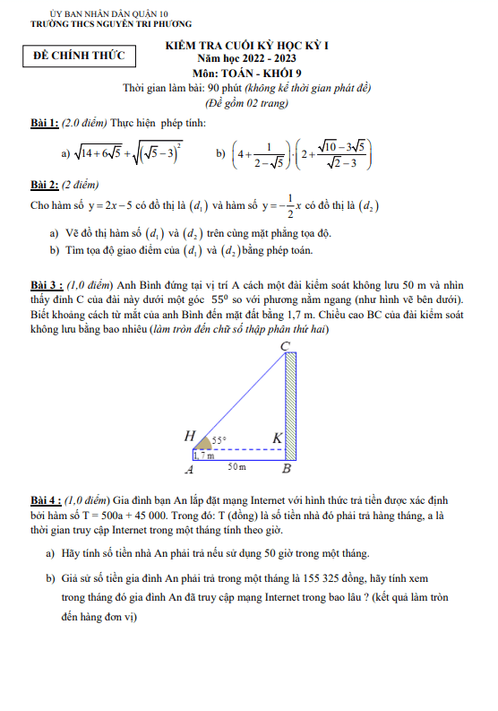 Đề cuối học kì 1 (HK1) lớp 9 môn Toán năm 2022 2023 trường THCS Nguyễn Tri Phương TP HCM