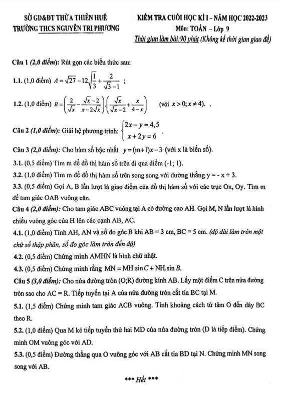 Đề cuối học kì 1 (HK1) lớp 9 môn Toán năm 2022 2023 trường THCS Nguyễn Tri Phương TT Huế