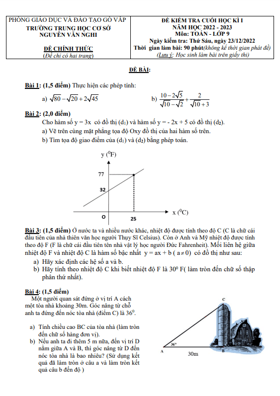 Đề cuối học kì 1 (HK1) lớp 9 môn Toán năm 2022 2023 trường THCS Nguyễn Văn Nghi TP HCM