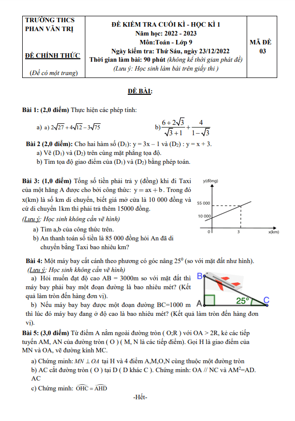Đề cuối học kì 1 (HK1) lớp 9 môn Toán năm 2022 2023 trường THCS Phan Văn Trị TP HCM