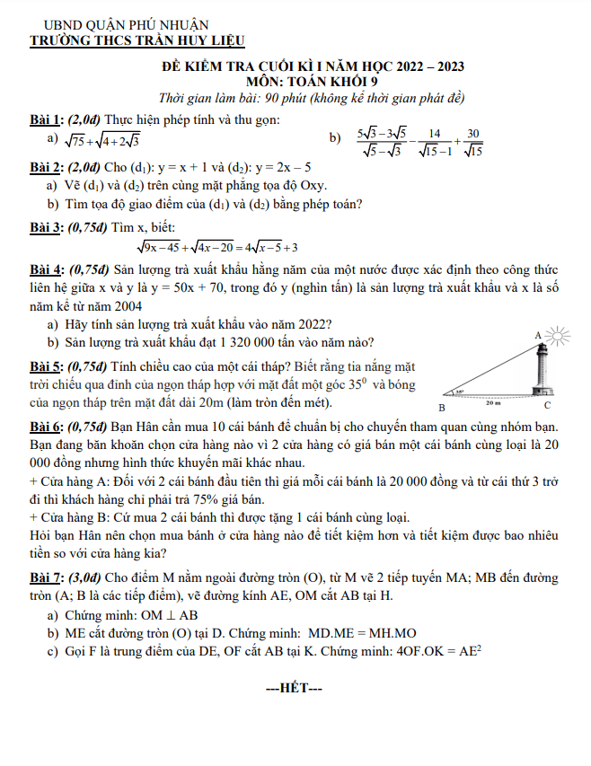 Đề cuối học kì 1 (HK1) lớp 9 môn Toán năm 2022 2023 trường THCS Trần Huy Liệu TP HCM