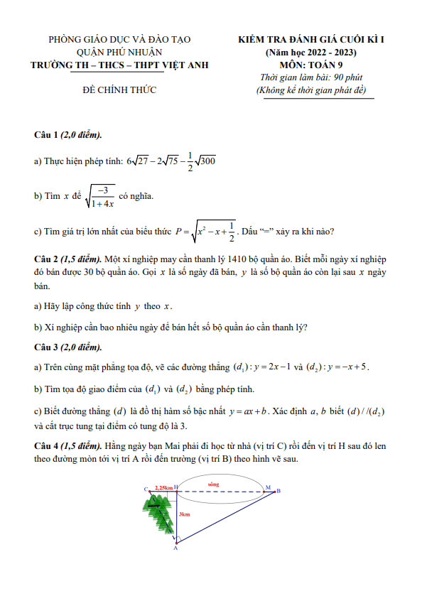Đề cuối học kì 1 (HK1) lớp 9 môn Toán năm 2022 2023 trường Việt Anh TP HCM