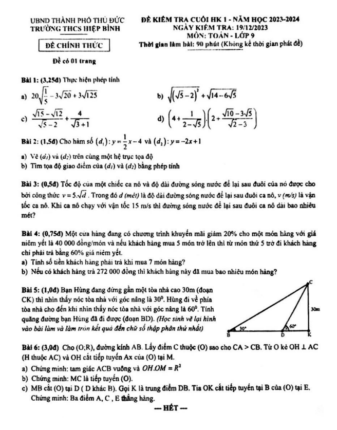 Đề cuối học kì 1 (HK1) lớp 9 môn Toán năm 2023 2024 trường THCS Hiệp Bình TP HCM