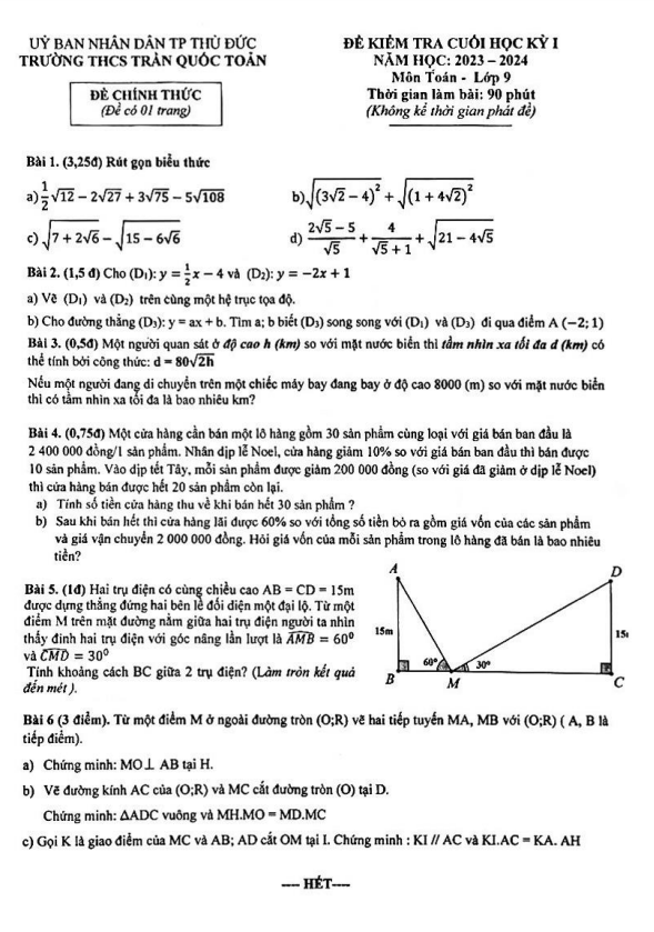 Đề cuối học kì 1 (HK1) lớp 9 môn Toán năm 2023 2024 trường THCS Trần Quốc Toản TP HCM