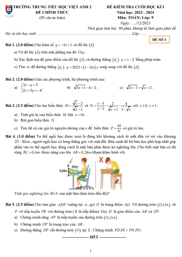 Đề cuối học kì 1 (HK1) lớp 9 môn Toán năm 2023 2024 trường Việt Anh 2 Bình Dương