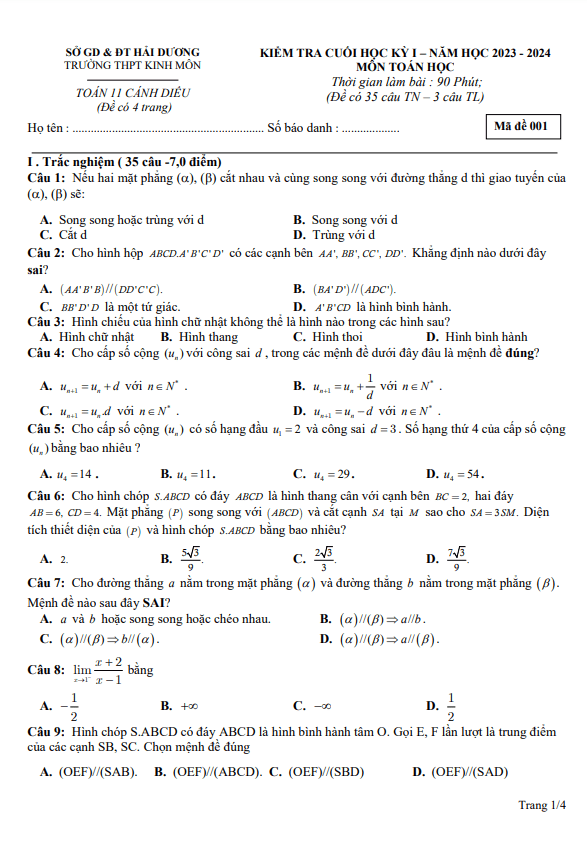 Đề cuối học kì 1 (HK1) Toán 11 năm 2023 2024 trường THPT Kinh Môn Hải Dương