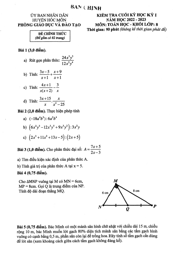 Đề cuối học kì 1 (HK1) Toán 8 năm 2022 2023 phòng GD ĐT Hóc Môn TP HCM