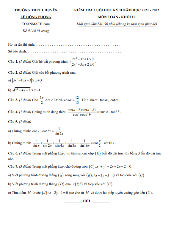 Đề cuối học kì 2 (HK2) lớp 10 môn Toán năm 2021 2022 trường chuyên Lê Hồng Phong TP HCM