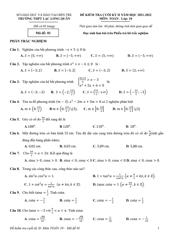 Đề cuối học kì 2 (HK2) lớp 10 môn Toán năm 2021 2022 trường Lạc Long Quân Bến Tre