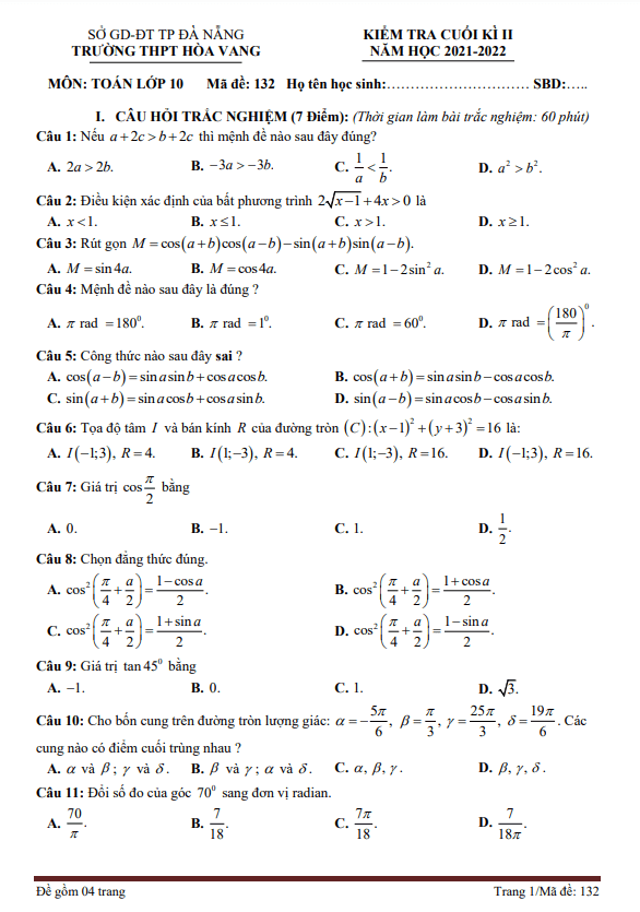 Đề cuối học kì 2 (HK2) lớp 10 môn Toán năm 2021 2022 trường THPT Hòa Vang Đà Nẵng
