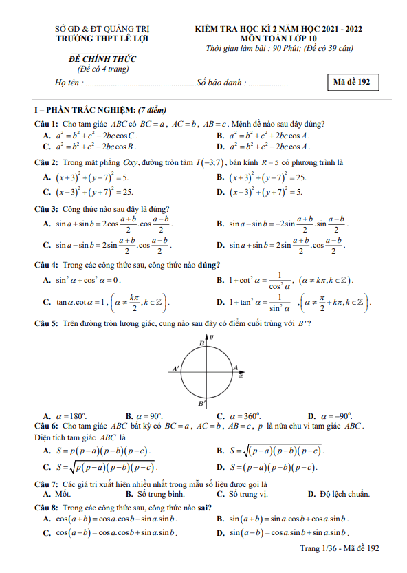 Đề cuối học kì 2 (HK2) lớp 10 môn Toán năm 2021 2022 trường THPT Lê Lợi Quảng Trị