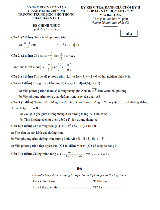 Đề cuối học kì 2 (HK2) lớp 10 môn Toán năm 2021 2022 trường THPT Phan Đăng Lưu TP HCM