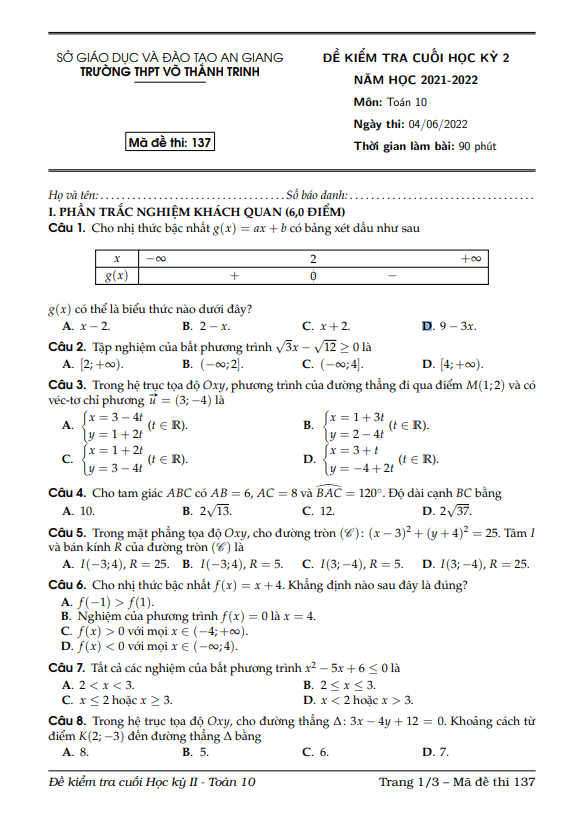 Đề cuối học kì 2 (HK2) lớp 10 môn Toán năm 2021 2022 trường THPT Võ Thành Trinh An Giang