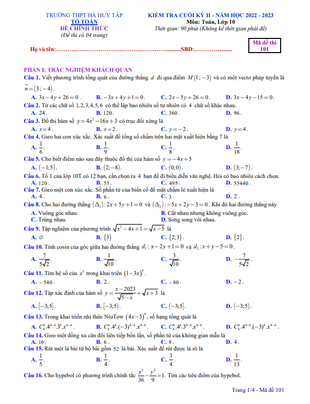 Đề cuối học kì 2 (HK2) lớp 10 môn Toán năm 2022 2023 trường THPT Hà Huy Tập Nghệ An