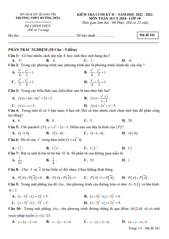 Đề cuối học kì 2 (HK2) lớp 10 môn Toán năm 2022 2023 trường THPT Hướng Hóa Quảng Trị