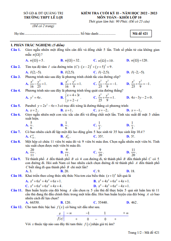 Đề cuối học kì 2 (HK2) lớp 10 môn Toán năm 2022 2023 trường THPT Lê Lợi Quảng Trị