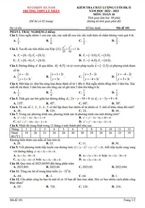 Đề cuối học kì 2 (HK2) lớp 10 môn Toán năm 2022 2023 trường THPT Lý Nhân Hà Nam