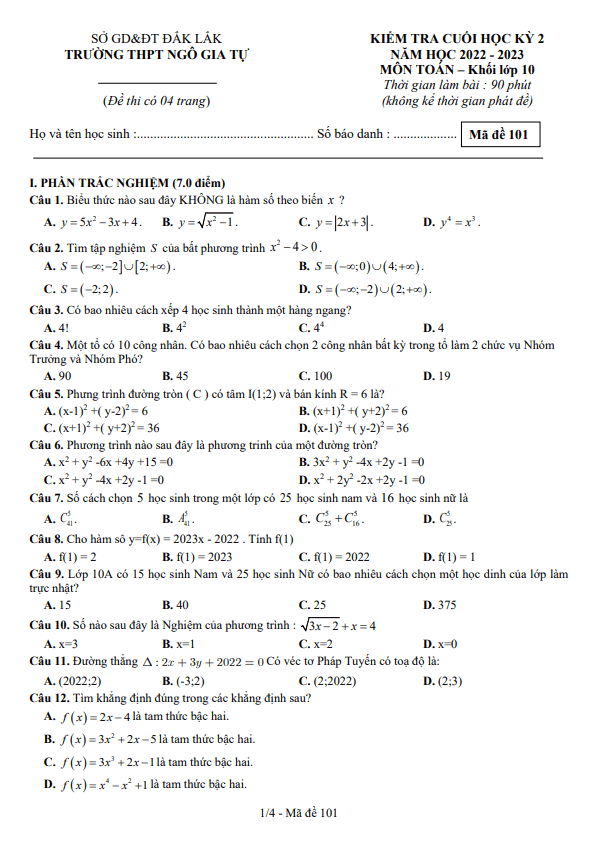 Đề cuối học kì 2 (HK2) lớp 10 môn Toán năm 2022 2023 trường THPT Ngô Gia Tự Đắk Lắk