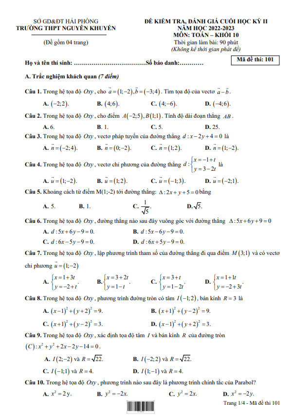 Đề cuối học kì 2 (HK2) lớp 10 môn Toán năm 2022 2023 trường THPT Nguyễn Khuyến Hải Phòng