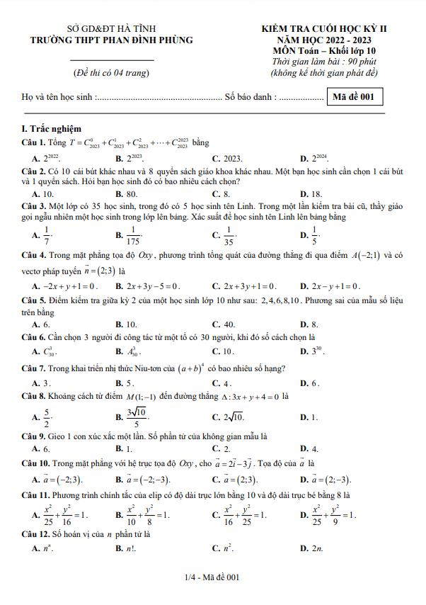 Đề cuối học kì 2 (HK2) lớp 10 môn Toán năm 2022 2023 trường THPT Phan Đình Phùng Hà Tĩnh