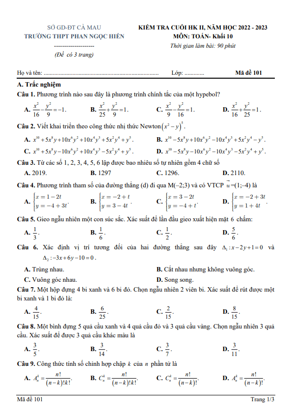 Đề cuối học kì 2 (HK2) lớp 10 môn Toán năm 2022 2023 trường THPT Phan Ngọc Hiển Cà Mau