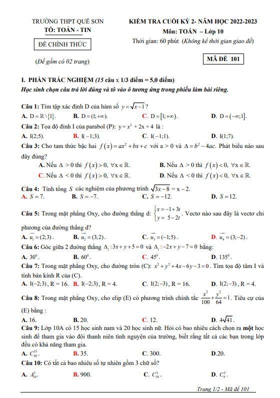 Đề cuối học kì 2 (HK2) lớp 10 môn Toán năm 2022 2023 trường THPT Quế Sơn Quảng Nam
