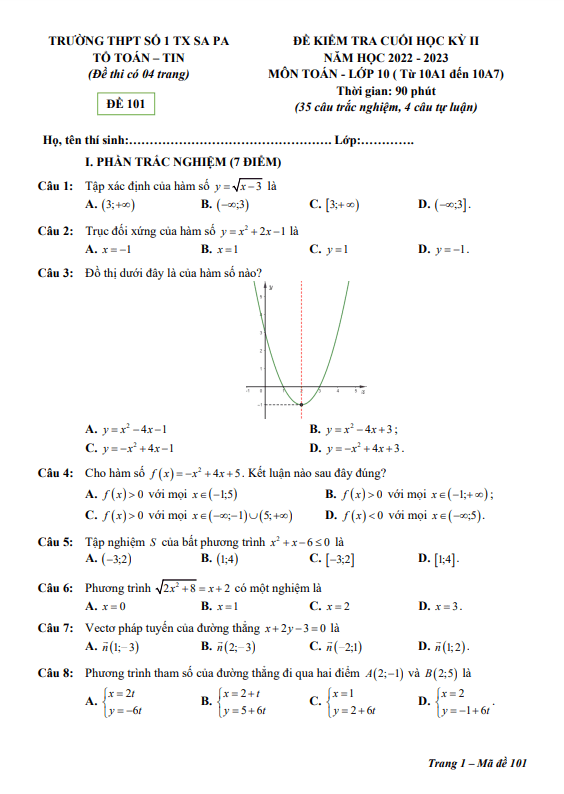 Đề cuối học kì 2 (HK2) lớp 10 môn Toán năm 2022 2023 trường THPT số 1 TX Sa Pa Lào Cai