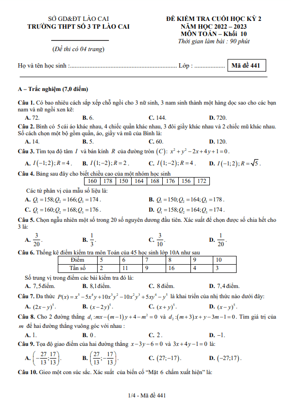 Đề cuối học kì 2 (HK2) lớp 10 môn Toán năm 2022 2023 trường THPT số 3 TP Lào Cai