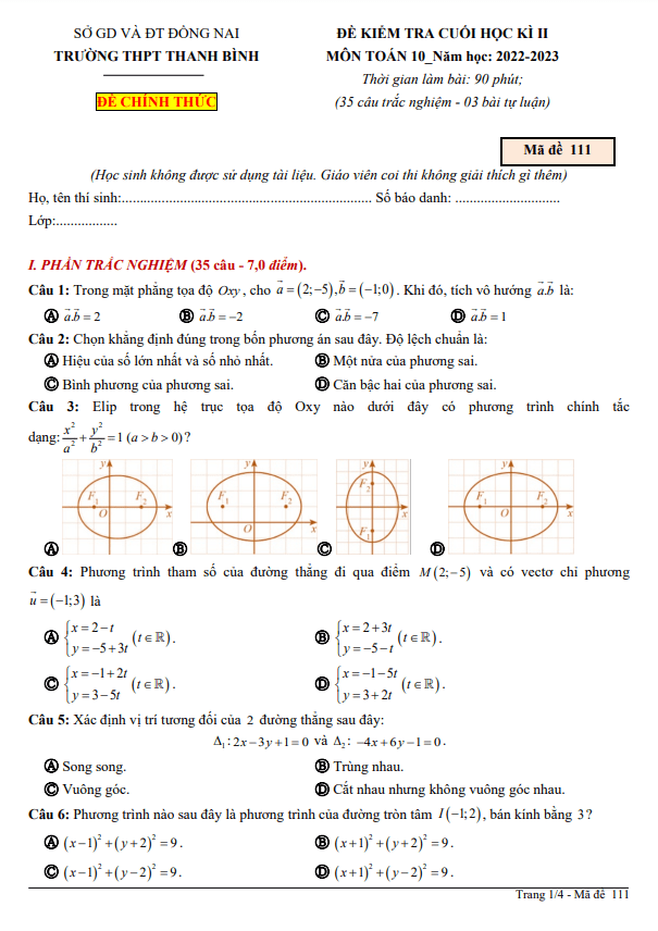 Đề cuối học kì 2 (HK2) lớp 10 môn Toán năm 2022 2023 trường THPT Thanh Bình Đồng Nai