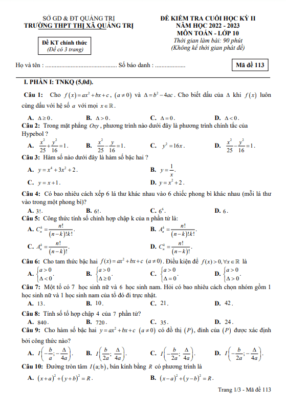 Đề cuối học kì 2 (HK2) lớp 10 môn Toán năm 2022 2023 trường THPT Thị xã Quảng Trị