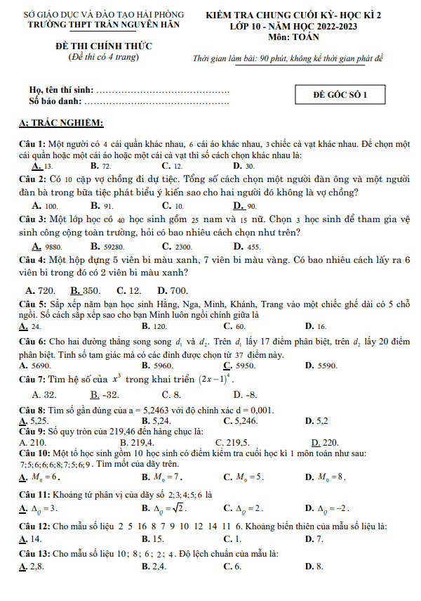 Đề cuối học kì 2 (HK2) lớp 10 môn Toán năm 2022 2023 trường THPT Trần Nguyên Hãn Hải Phòng