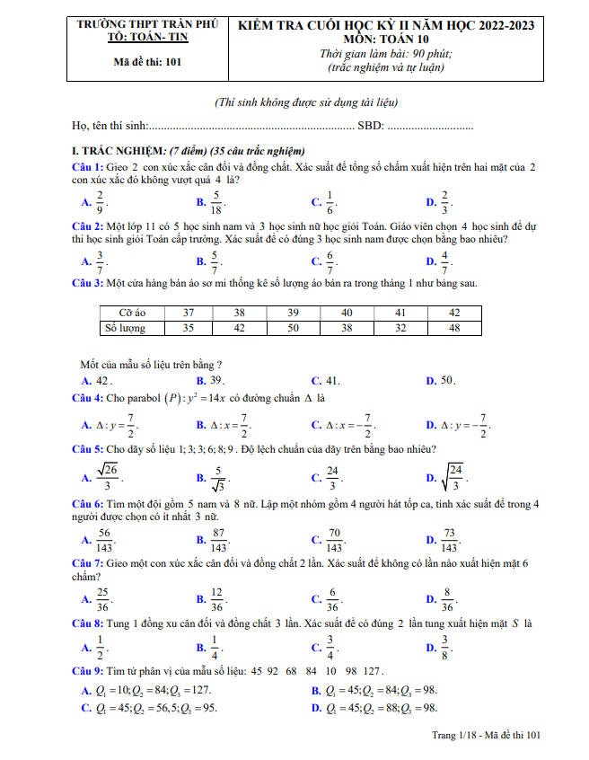 Đề cuối học kì 2 (HK2) lớp 10 môn Toán năm 2022 2023 trường THPT Trần Phú Phú Yên