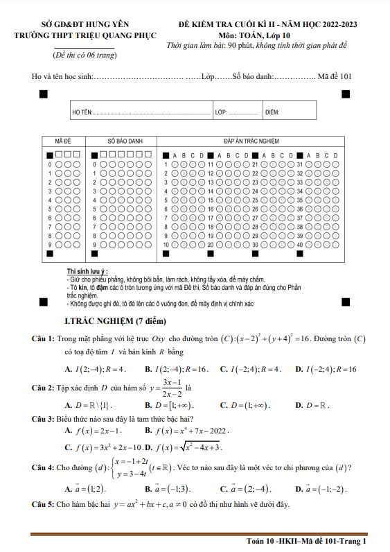Đề cuối học kì 2 (HK2) lớp 10 môn Toán năm 2022 2023 trường THPT Triệu Quang Phục Hưng Yên