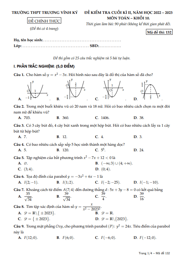 Đề cuối học kì 2 (HK2) lớp 10 môn Toán năm 2022 2023 trường THPT Trương Vĩnh Ký Bến Tre