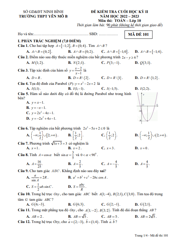 Đề cuối học kì 2 (HK2) lớp 10 môn Toán năm 2022 2023 trường THPT Yên Mô B Ninh Bình