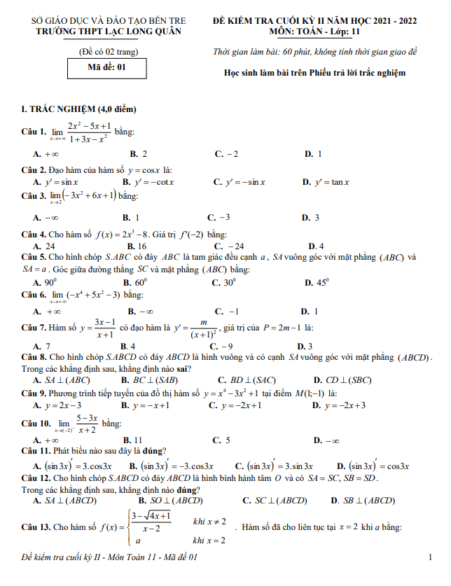 Đề cuối học kì 2 (HK2) lớp 11 môn Toán năm 2021 2022 trường Lạc Long Quân Bến Tre