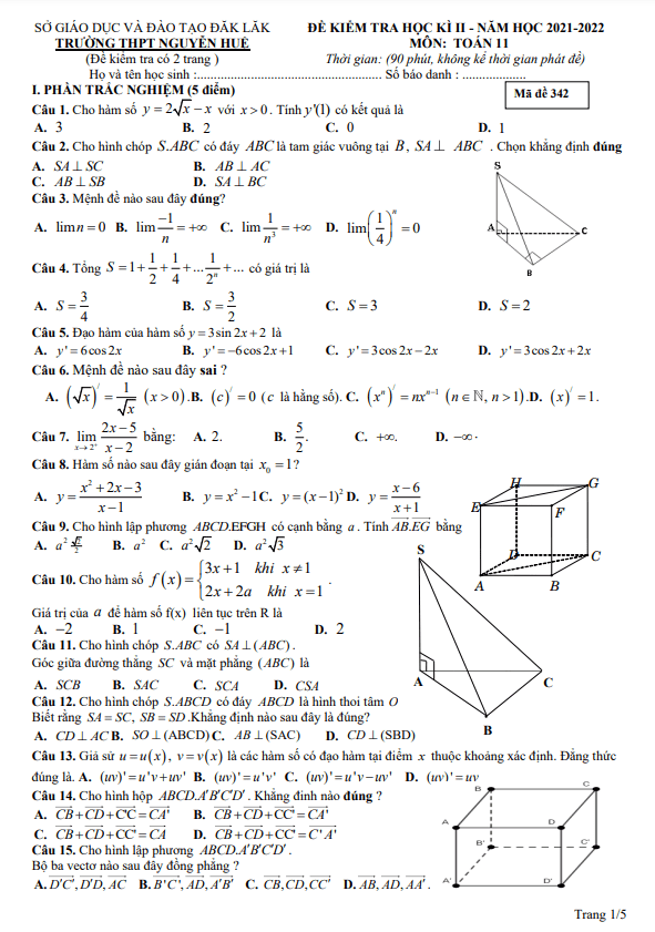 Đề cuối học kì 2 (HK2) lớp 11 môn Toán năm 2021 2022 trường THPT Nguyễn Huệ Đắk Lắk