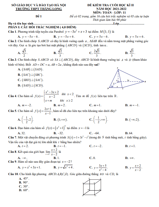 Đề cuối học kì 2 (HK2) lớp 11 môn Toán năm 2021 2022 trường THPT Thăng Long Hà Nội