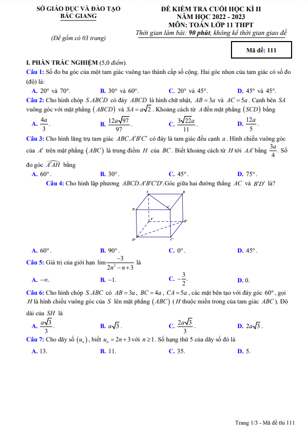 Đề cuối học kì 2 (HK2) lớp 11 môn Toán năm 2022 2023 sở GD ĐT Bắc Giang