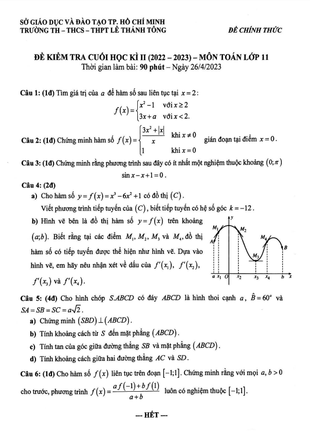 Đề cuối học kì 2 (HK2) lớp 11 môn Toán năm 2022 2023 trường Lê Thánh Tông TP HCM