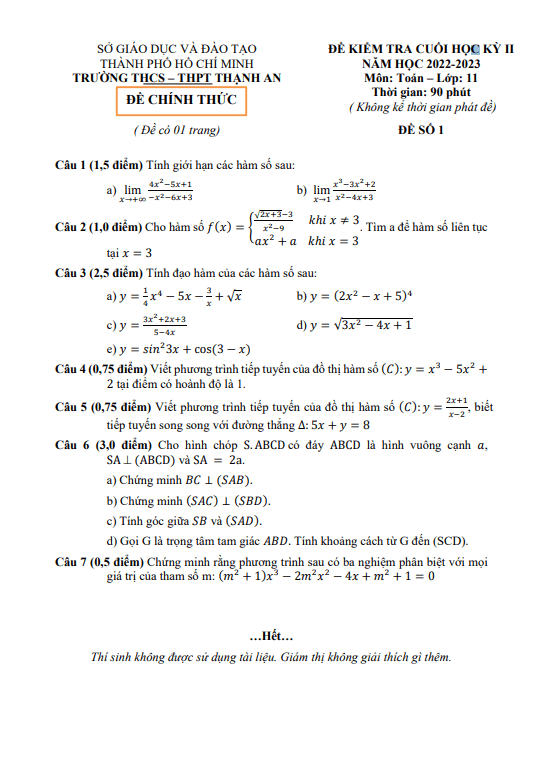 Đề cuối học kì 2 (HK2) lớp 11 môn Toán năm 2022 2023 trường THCS THPT Thạnh An TP HCM
