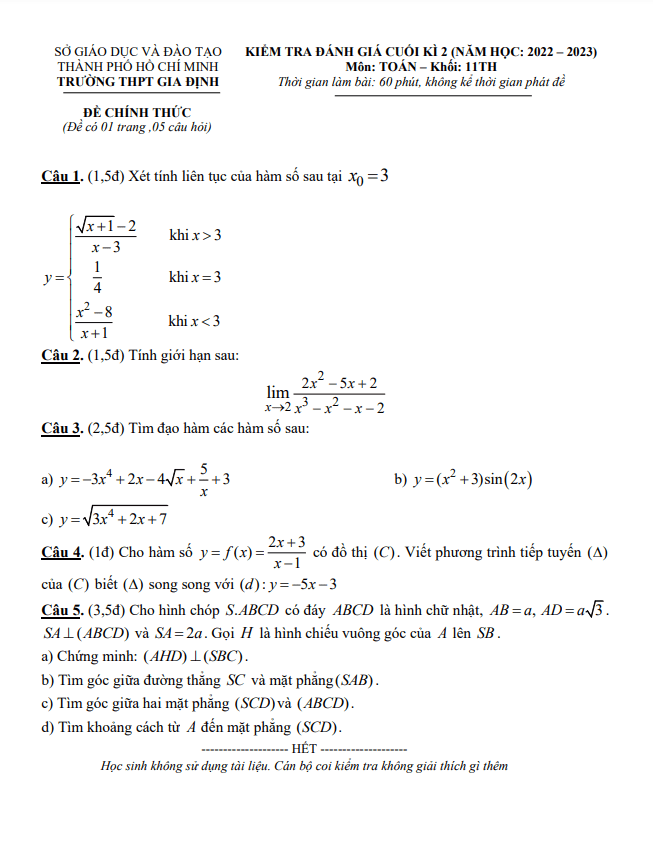 Đề cuối học kì 2 (HK2) lớp 11 môn Toán năm 2022 2023 trường THPT Gia Định TP HCM