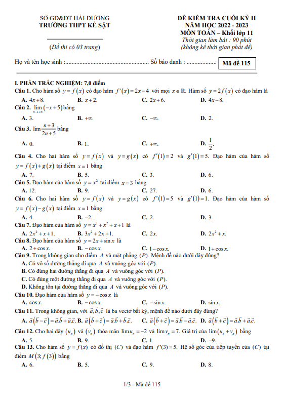 Đề cuối học kì 2 (HK2) lớp 11 môn Toán năm 2022 2023 trường THPT Kẻ Sặt Hải Dương