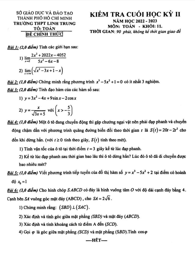 Đề cuối học kì 2 (HK2) lớp 11 môn Toán năm 2022 2023 trường THPT Linh Trung TP HCM