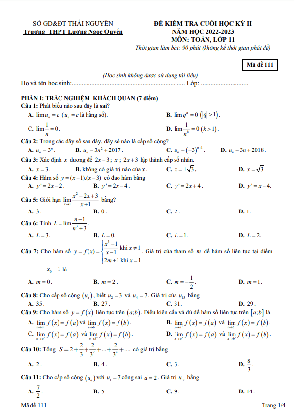 Đề cuối học kì 2 (HK2) lớp 11 môn Toán năm 2022 2023 trường THPT Lương Ngọc Quyến Thái Nguyên