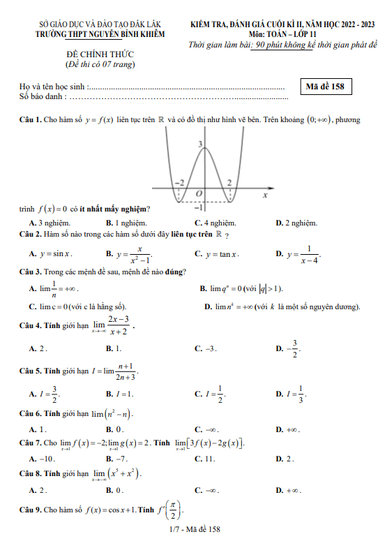 Đề cuối học kì 2 (HK2) lớp 11 môn Toán năm 2022 2023 trường THPT Nguyễn Bỉnh Khiêm Đắk Lắk